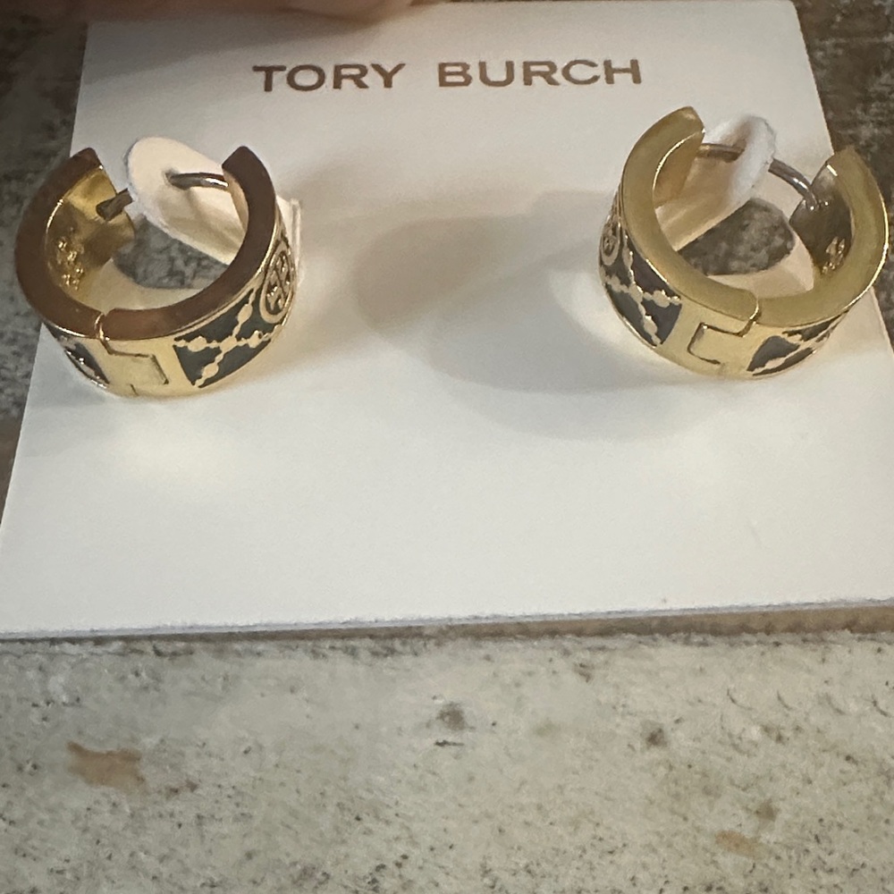 Tory Burch Gold and Black Hoop Earrings